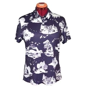 LG Nike Golf Dri-Fit Navy White Graphic Deer Mountains Bird Women Short Sleeve